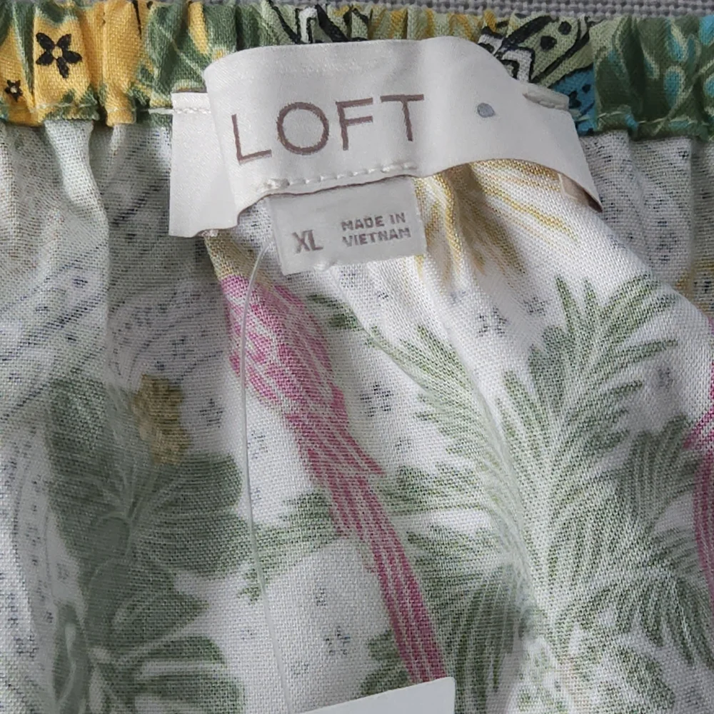 LOFT XL Puff Sleeve Square Neck Top Tropical Print Multicolor Boho Blouse Cotton